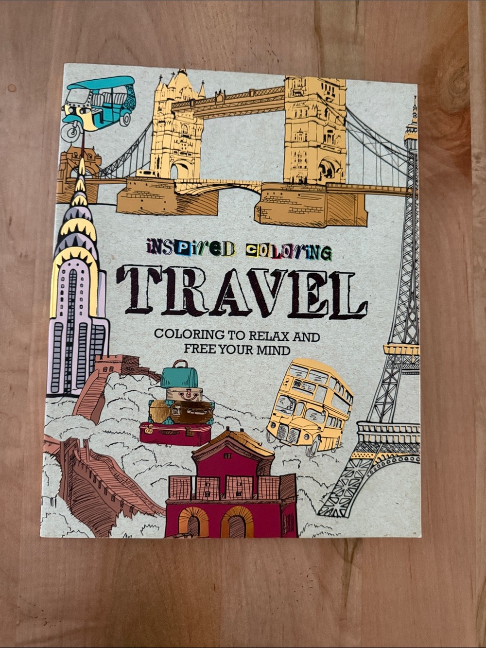 Travel Coloring Art Print in Beige, Yellow, Teal and Maroon - Inspired Coloring